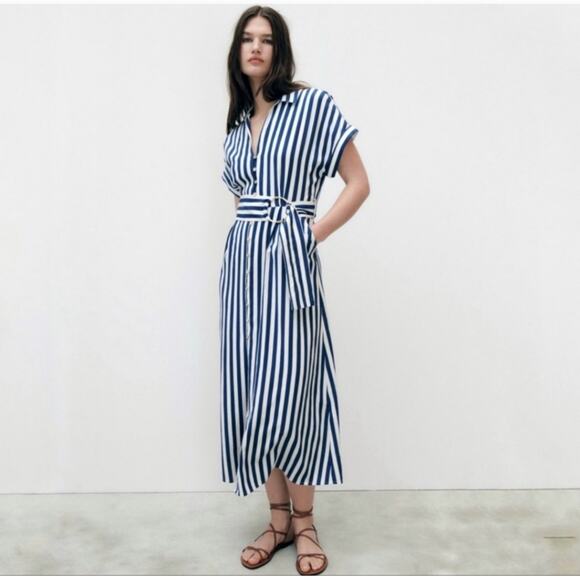 Zara Striped Linen Blend Maxi Shirt Dress Belted - Picture 1 of 7
